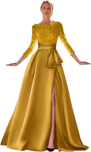 zcbang Long Sleeve Formal Dresses for Women 2025 Sparkly Sequin Satin Prom Dresses with Slit Aline Ball Gown