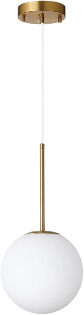 Kaj Hejmo Globe Pendant Lamp Matte White Glass- Mid Century Modern Lighting Fixture Brush Brass Finish- Semi Flush Mount Ceiling Light for Kitchen Living & Dinning Room (20cm White Globe, Cord Hang)