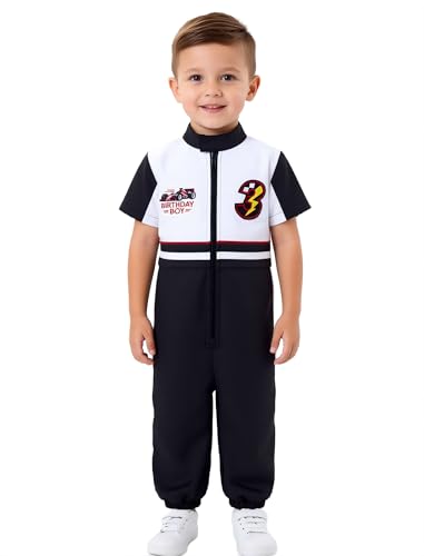 Toddler Boy Race Car Driver Jumpsuit 3 Year Old Birthday Race Car Themed Outfit Kids Speed Racing Suit One Piece Racer Romper Playsuit Third Birthday Party Cake Smash Clothes Black 3rd 3-4 Years