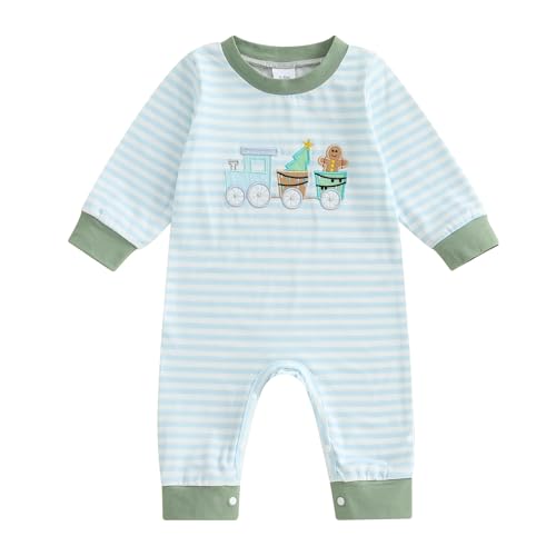 Gureui First Christmas Baby Boy Outfit Newborn Long Sleeve Romper Onesie Infant Fall Winter Clothes (A Blue, 0-3 Months)