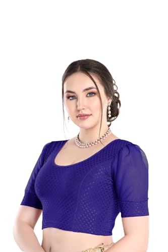 Image of FINESTFIT Stay On Trend Fashion 100% Cotton Readymade Blouses for Women,Round Neckline with Organza Balloon Sleeves.