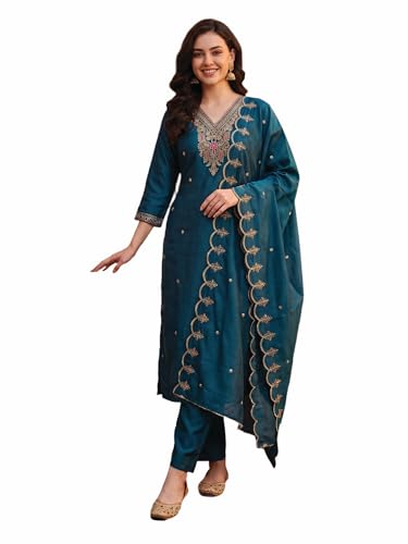 Image of INDO ERA Women's Silk Blend Embroidered Thread Work Kurta & Pant with Dupatta Set | Suit Set For Women