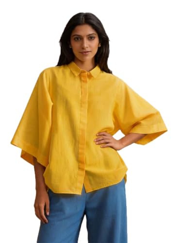 Image of Shirt for Women | Casual Button Down Long Sleeve Blouse | Oversized Striped Loose Fit Cotton Top with Pocket | Trendy Collar Aesthetics & Streetwear Tunics(34-S-1-5)