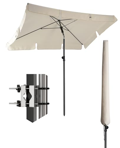 4smile Sonnenschirm Balkon SunnyShade - Sonnenschutz Balkon 3-in-1 SET, Beige - Sonnenschirm rechteckig 200 x 125 cm + Metall Sonnenschirmhalter Balkongeländer SunnyEasy + Sonnenschirmhülle