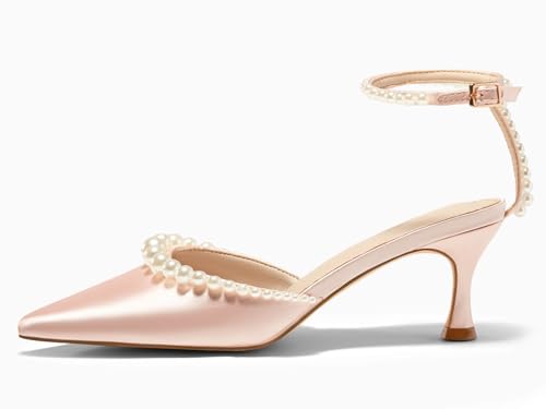 Image of Coutgo Womens Pearl Kitten Heels Closed Pointed Toe Wedding Bride Dress Shoes Ankle Strap Satin Pumps