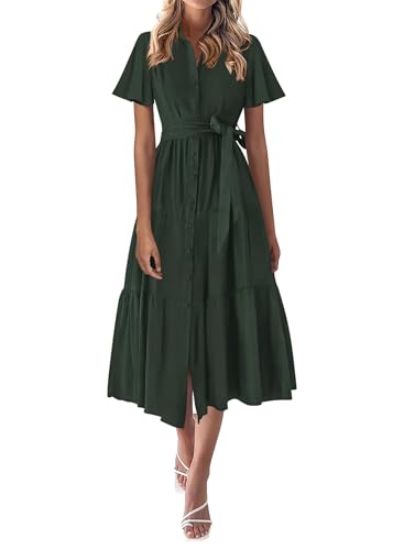 Image of KIRUNDO Summer Button Down Wedding Guest Shirt Dresses for Women Maxi Flutter Short Sleeve Flowy Tiered Beach Sun Dress