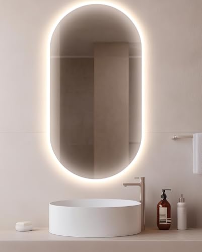 BD ART - Espejo de pared - Espejo de baño - ovalado 100x40 cm - con iluminación LED - Color de luz cálido 3600K, IP44 - Espejo grande - Espejo - Espejo de cuerpo entero - Espejo de pared de baño