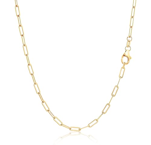 14K Gold Paperclip Necklace, Real Gold Rectangular Link Chain 2.5mm, 16-24 Inches for Women Men, Hypoallergenic, Non-Tarnish, Dainty Layering Minimalist Jewelry