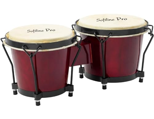 Image of Softline Pro Bongo Drum Set with Tuning Wrench & Padded Professional Wooden Percussion Instrument for Beginner Adults Kids - Natural Skin (Red)