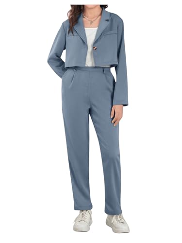 Image of Milumia Girl's 2 Piece Outfits Lapel Collar Button Open Front Long Sleeve Blazer and Pants Set