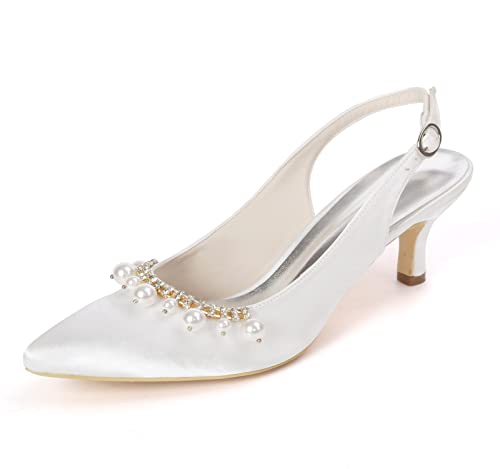 TNXZ Women's Closed Toe Kitten Heels Satin Pointed Toe Slingback Low Heels Dress Bridal Wedding Pumps Shoes