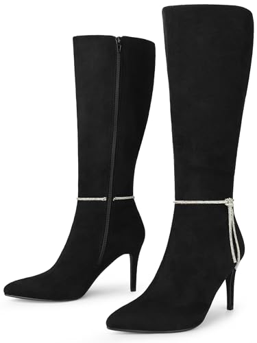 Allegra K Women's Rhinestone Crystal Chain Pointed Toe Stiletto Heels Knee High Boots