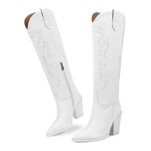 Image of Knee High Cowboy Boots for Women, Comfortable and Fashion | Classic Western Style, Stable Chunky Heel, Side Zipper, Pointed Toe, Non-slip Sole, Versastile Concert Party Rodeo Boots