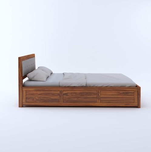 Image of Ganpati Arts Solid Sheesham Wood Euro King Size Bed with Hydraulic Storage and Upholstered Headboard | Wooden Double Bed Cot Palang Furniture for Bedroom, Living Room, Home and Hotel (Natural Finish)