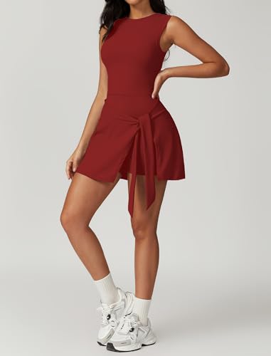 Image of ABOCIW Womens High Neck Tennis Dress Sleeveless Wrap Skirt Built in Shorts Golf Athletic Dress Workout Rompers