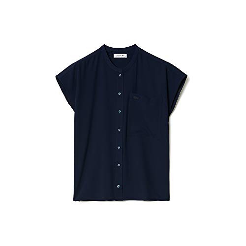 Lacoste Women's Sleeveless Mandarin Collar Button Down Woven Shirt, Navy Blue, 6