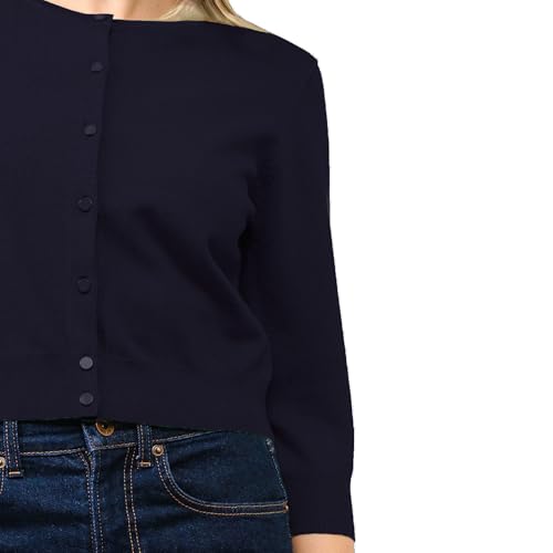 Image of Women's Cropped Cardigan 3 /4 Sleeve Crewneck Button Up Sweater Knit Top (S~XL)
