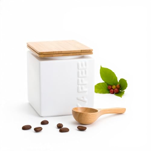 HWG-Home® Kaffeedose Luftdicht 500g – Keramik Kaffeebehälter eckig, inkl. Dosierlöffel - Luftdichter Bambus-Deckel für frisches Aroma – Weiß