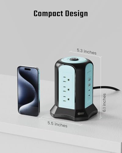 Power Strip Tower Surge Protector, SUPERDANNY Desktop Charging Station, 10 Ft Extension Cord, 9 Outlets, 4 USB Ports, 1080 Joules, 3-Prong, Grounded, Multiple Protections for Home, Office, Blue