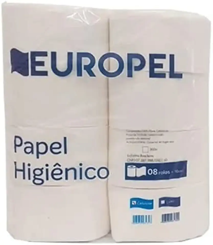 Rolão Papel Higiênico Institucional, 300 M, 100% Celulose, Branco, Europapel, 8 Unidades