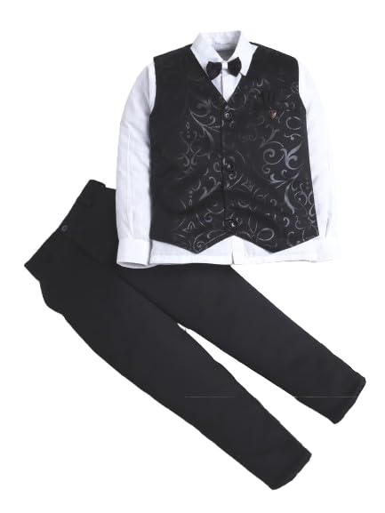 Woven Full Sleeves Shirt With Solid Waistcoat Trousers & Bow Set-image-1