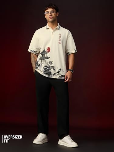 Image of The Souled Store Kung Fu Panda: Peace Men and Boys Short Sleeve Spread Collar Cream Graphic Printed Cotton Oversized Heavy Gauge Breathable Everyday Lightweight All-Season Polos