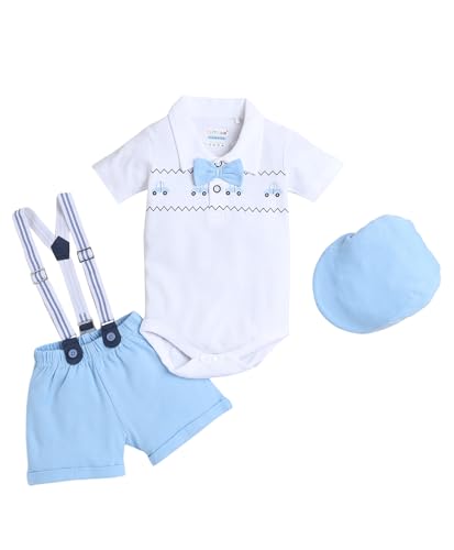 Image of BUMZEE boys Regular Fit Half Sleeves Collar Neck Cotton Bodysuit & Short Set With Bow Suspender & Cap