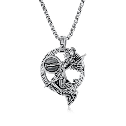 JESMING Vintage Personality Greek Goddess Stainless Steel Necklace Mythological Athena Goddess Pendant in Gold Silver and Black (Silver)