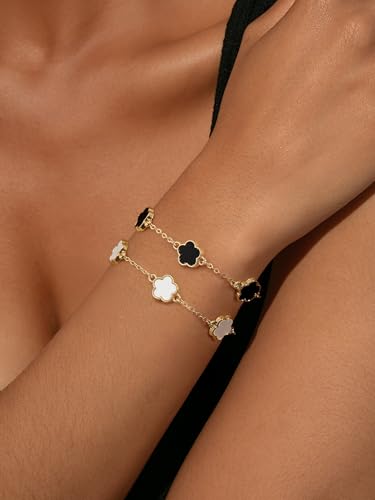 Clover Bracelets for Women Set of 3 18K Gold Plated Adjustable Four Leaf Lucky Charms Bracelets in White Black Red Trendy Jewelry Gift for Women3