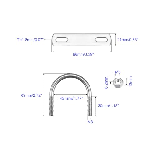 MACHSWON Round U-Bolt,3 Set 304 Stainless Steel M8 U Bolts 45mm(1.77") Inner Width 69mm Length with Nuts and Frame Plate for Automobiles Boat Trailer - Image 2