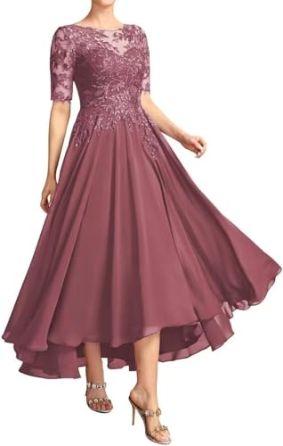 Lace Mother of The Bride Dresses Tea Length Chiffon Applique Formal Evening Gowns with Short Sleeves