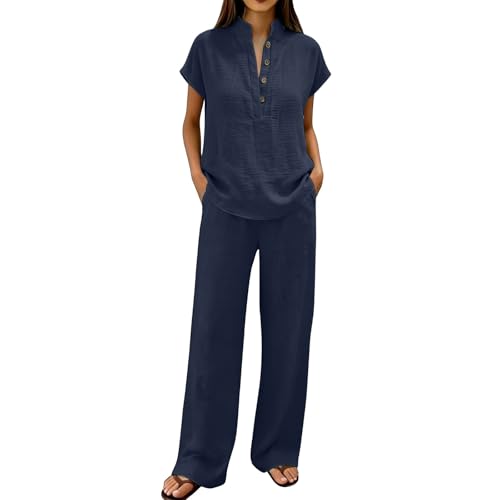 Ensemble en lin pour femme chemise manches courtes et pantalon ample fluide