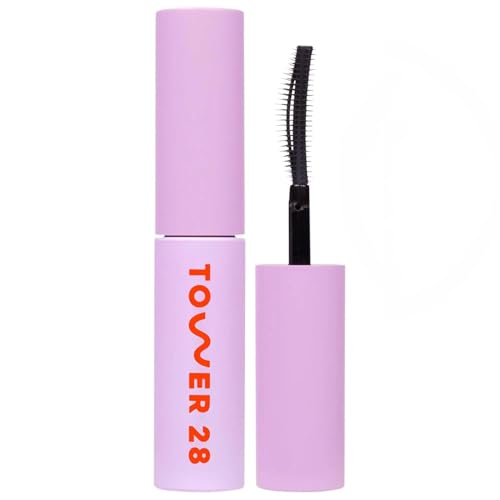 Tower 28 Mini MakeWaves Vegan Black Mascara - Volumizing & Lengthening Mascara for Sensitive Eyes - With Aquaflex Technology for Humidity-Proof Lift - Hypoallergenic Eye Makeup - Jet (0.18 oz)