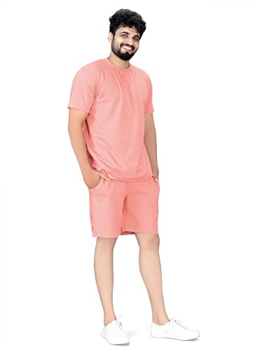 Image of ELLITI Cotton Blend Solid Casual Round Neck Half Sleeve Oversized Co-ord Set Men's, Pyjama Set, Sleepwear Loungewear T-Shirt and Shorts Combo for Men, Night Wear for Men, Night Suit for Men's