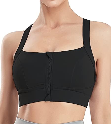 TECOX Zip Up Front Closure Sports Bras for Women Front Zipper Compression Bra Post Surgery High Impact Cross Back Non-Removable Padded Wireless Yoga Running Gym Workout Sports Bra Black