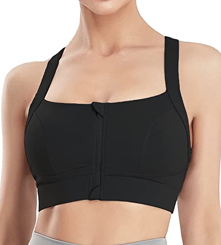 Tecox Zip Up Front Closure Sports Bras For Women Front Zipper Compression Bra Post Surgery High Impact Cross Back Non-Removable Padded Wireless Yoga Running Gym Workout Sports Bra Black #TOP24