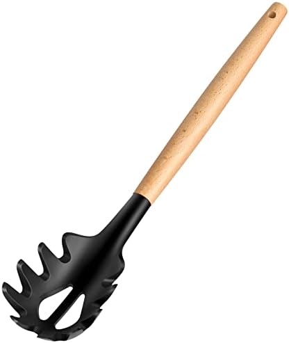 LorisArm Wooden Handle Pasta Fork Spoon 12" Silicone Spaghetti Fork Food Grade Noodle Spoon, BPA Free, Spaghetti Spoons Strainer & Server Spoonss