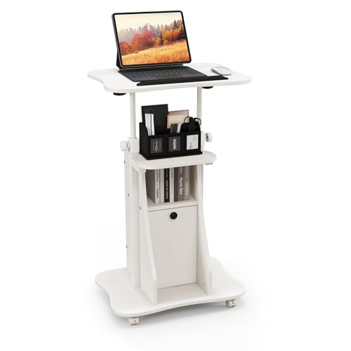 FANTASK Mobile Podio per laptop su ruote, supporto portatile, altezza regolabile, con piano d'appoggio inclinabile e armadietto per ufficio, nero, bianco