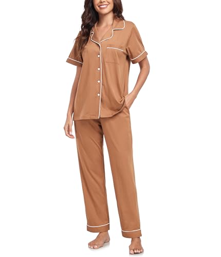 Image of CF Womens 100% Cotton Pajamas Set Button Down Pjs Sets Short Sleeve Top & Long Pants Sleepwear Comfy Loungewear with Pockets