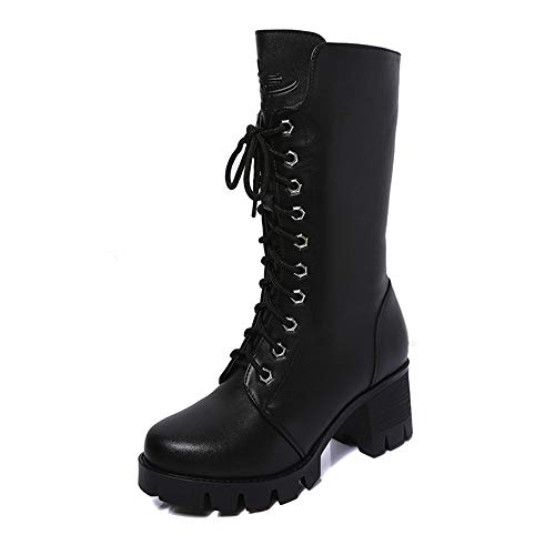 JiaMeng Botas Altas Mujer Invierno Muslo Alto Botines de Cuero Botines Zip Cowboy Zapatos Moda tacón Medio Botas Inferior Pierna Alta de Rodilla Botas