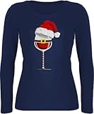 Langarmshirt Damen - Weihnachten Geschenke Christmas Bekleidung - Weinachtsglas - XXL - Marineblau - weihnachtsoberteil weihnachtsshirt weihnachtsmotiv pailletten langarm festliches oberteil