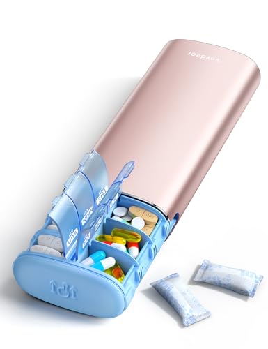 Vaydeer Metal 7 Day Pill Organizer 2 Times a Day – AM PM Weekly Travel Pill Case with Moisture-Proof Desiccant, Airtight Large Capacity Pill Box for Vitamins, Medications & Supplements (Rose Gold)