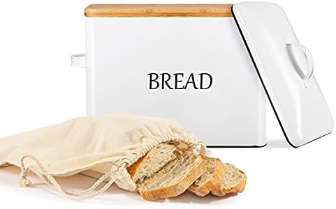 EXTRA LARGE Bread Box with 2 Lids - Metal & Bamboo Lid - White Metal Bread Box for Kitchen Countertop - Holds 2+ Loaves - Farmhouse Bread Box - Bread Storage Ventilation Holes - XXL Bread Bag