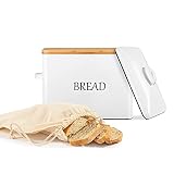 EXTRA LARGE Bread Box with 2 Lids - Metal & Bamboo Lid - White Metal Bread Box for Kitchen Counterto