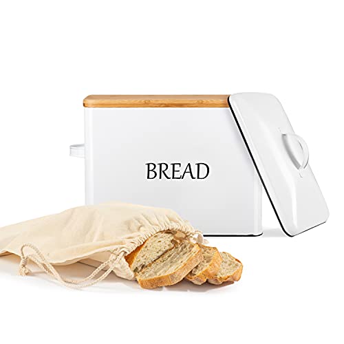 Extra Large Bread Box With 2 Lids - Metal & Bamboo Lid - White Metal Bread Box For Kitchen Countertop - Holds 2+ Loaves - Farmhouse Bread Box - Bread Storage Ventilation Holes - Xxl Bread Bag #TOP16