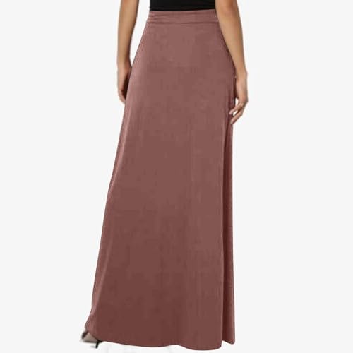 Womens Maxi Skirt Elastic Basic Solid Tie Dye Foldable High Waisted Midi Length Plus Size A-Line Skirts with Pockets(Coffee,Small)3