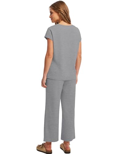 Image of Saloogoe Two Piece Sets for Women Summer Outfits Lounge Sets V Neck Tops Wide Leg Pants Woman Vacation Travel Outfits