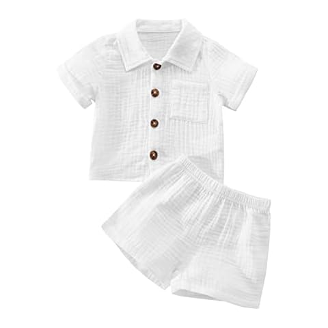 SHIBAOZI Toddler Baby Boys Clothes Set Button-down Shirt Tops + Cotton Linen Shorts Summer Outfit 2PCS with Pockets (Pure White, 2-3T) Cover