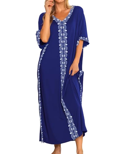 Image of Bloggerlove Women Nightgowns Cotton Caftan House Dress Short Sleeve Sleepwear Vacation Beach Moo Moos Dress with Pockets