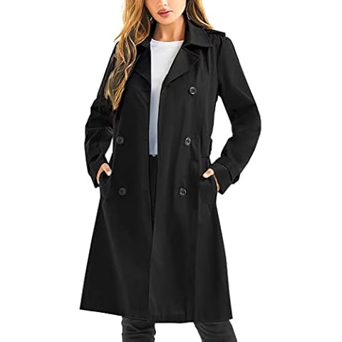 FARVALUE Women's Waterproof Trench Coat Long Double Breasted Windbreaker Classic Belted Lapel Overcoat with Removable Hood Black Large, Black, L Cover